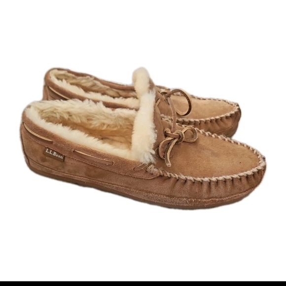 L.L.Bean Mens Tan Wicked Good Suede And Shearling Warm Indoor Outdoor Moccasins main image 6